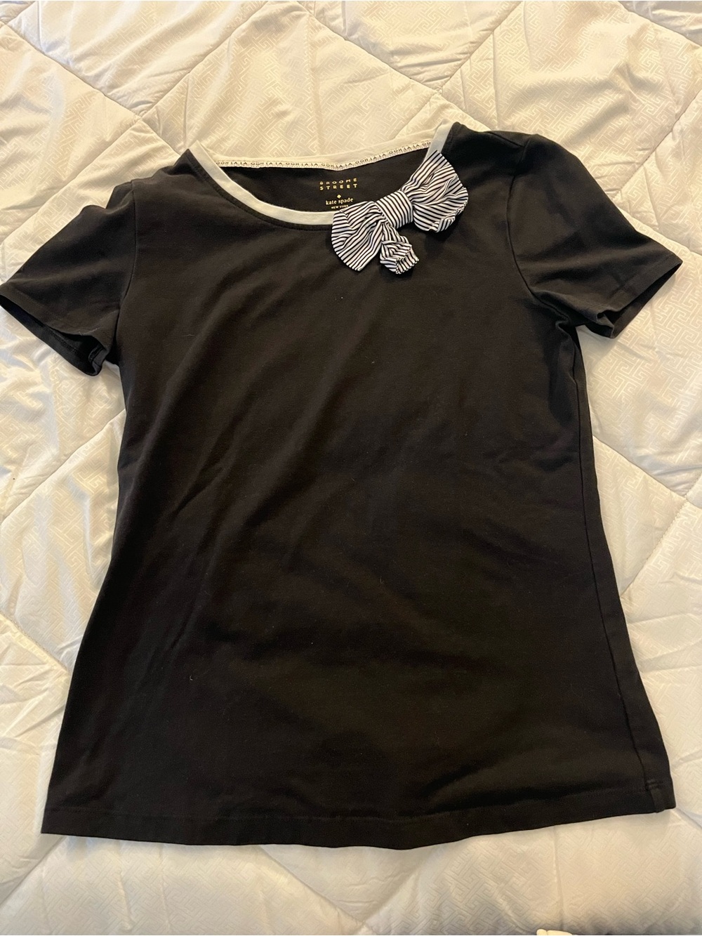 Kate Spade Brooke Street Collab Woman’s Black Short-Sleeve Tee with Striped Bow
